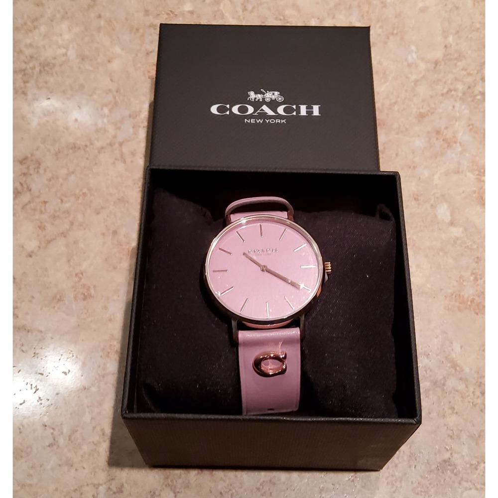 COACH PURPLE LEATHER STRAP WATCH 36MM "PERRY" ROSE GOLD PLATED STEEL - Picture 8 of 10